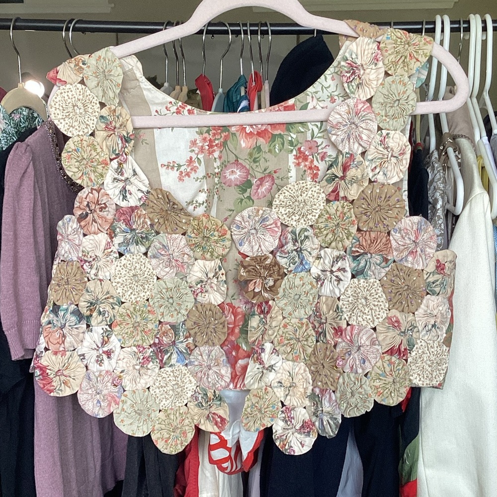 Floral Patchwork Cropped Tank Top - Cream & Pastel